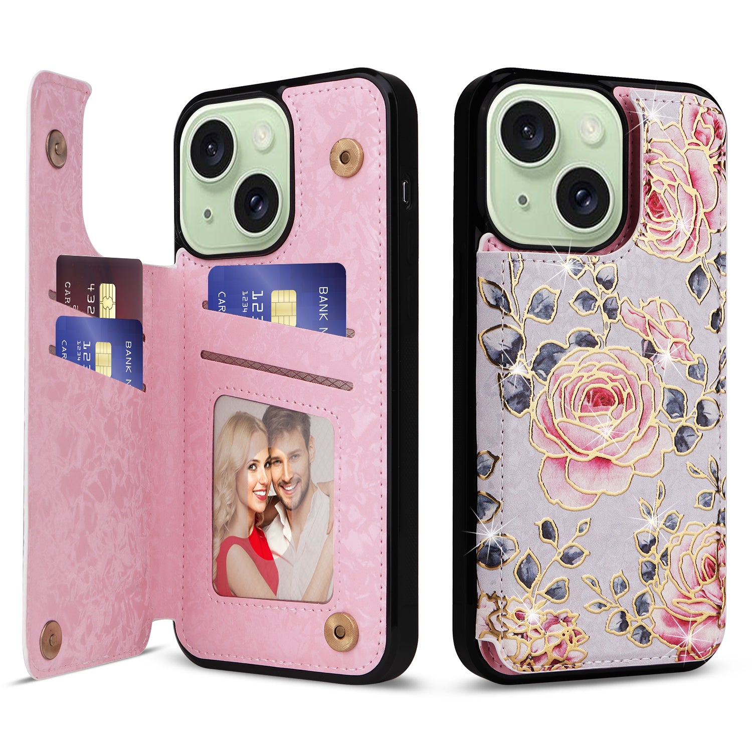 For iPhone 15 Plus Case Kickstand Flower Printed Shockproof Phone Case with Card Slot For iPhone 15 Plus Case Kickstand Flower Printed Shockproof Phone Case with Card Slot